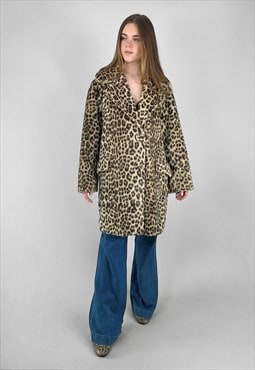 50's Vintage Ladies Brown Animal Print Faux Fur Coat 