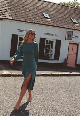 Long Sleeve Backless Teal Green Midi Dress with Split