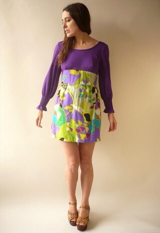 1970'S VINTAGE PSYCH BOHEMIAN FLORAL PRINT MINI DRESS