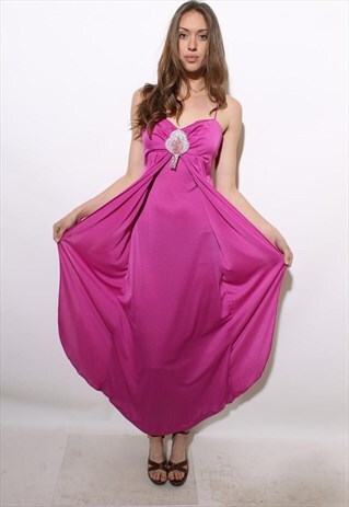 VINTAGE 1970'S 70'S FUCHSIA DISCO MAXI DRESS BEADED XS-S