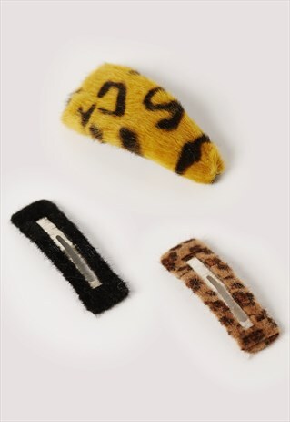 LEOPARD YELLOW BLACK BROWN FAUX FUR HAIR SNAP CLIP