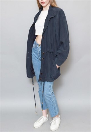 VINTAGE 1990'S SOFT NAVY LIGHTWEIGHT SILK PARKA JACKET