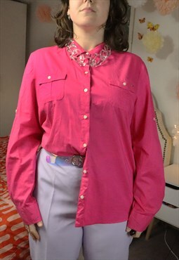 Vintage Bright Pink Monochrome Smart Formal Shirt Blouse Top