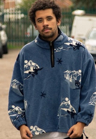 RETRO QUARTER ZIP FLEECE IN BLUE, SKIING WINTER THEME