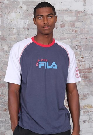 VINTAGE FILA TEXT LOGO T-SHIRT BLUE WHITE RED