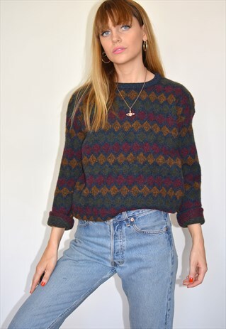 VINTAGE BROWN BURGUNDY GREEN PATTERN KNITTED GRANDAD JUMPER