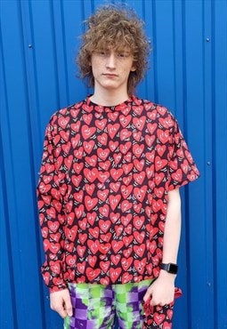 Heart print detachable sweatshirt handmade tee Love top red
