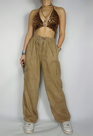 FAUX SUEDE VINTAGE CARGO PANTS HIGH WAISTED BROWN 90S Y2K