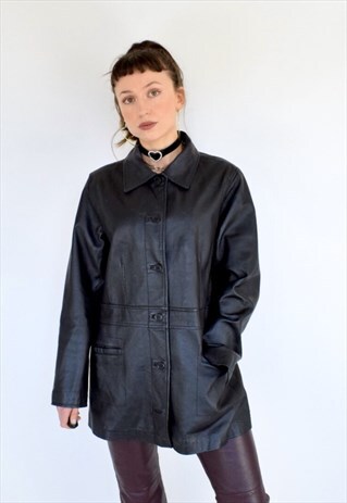 BLACK LEATHER VINTAGE 90S JACKET S/M