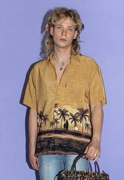 Vintage Y2K vacation palm sunset shirt in brown tones