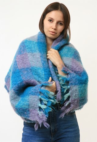 TARTAN CHECKED IRISH MOHAIR WOOL SCARF WOMAN VINTAGE 4425