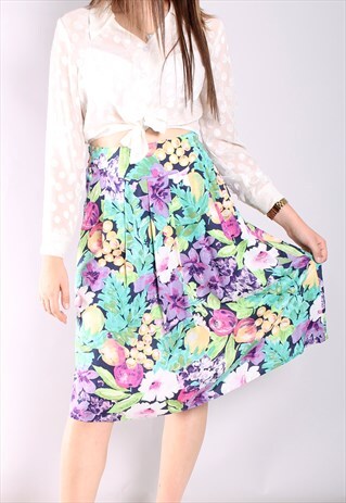 VINTAGE 80S FLORAL FRUIT PATTERN PLEAT FRONT MIDI SKIRT