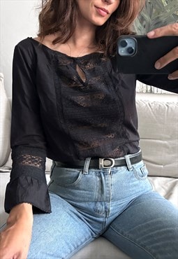 Cotton Black Boho Blouse - XS - S