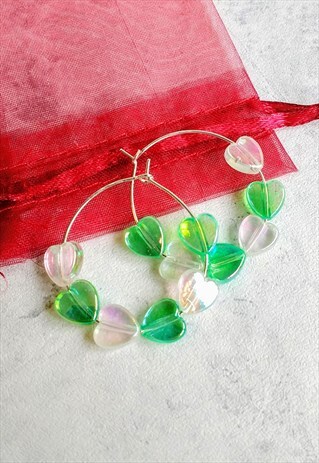 GREEN IRIDESCENT CANDY HEART HOOP EARRINGS