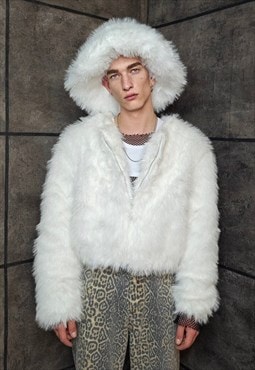 Collarless faux fur coat white cropped fluffy luxury bomber