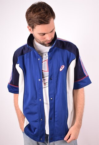 ASICS MENS VINTAGE JERSEY TOP LARGE BLUE 90S