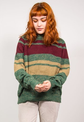 VINTAGE 90'S GREEN STRIPED GRUNGE FISHERMAN KNIT JUMPER