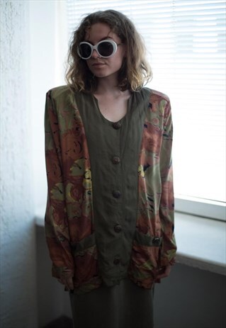 VINTAGE 70'S BROWN/GREEN PATTERNED BUTTON UP BLOUSE