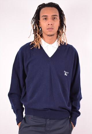 BURBERRY MENS VINTAGE JUMPER SWEATER XL NAVY BLUE 90S