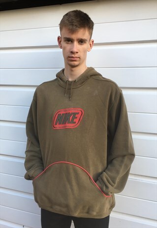 MENS VINTAGE NIKE HOODIE KHAKI GREEN SWEATSHIRT SPORTSWEAR