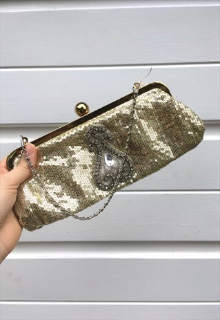 WOMENS VINTAGE STYLE GOLD SEQUIN SPARKLY EVENING BAG PURSE