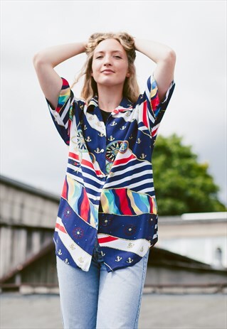 VINTAGE 80S NAUTICAL PATTERNED BLOUSE