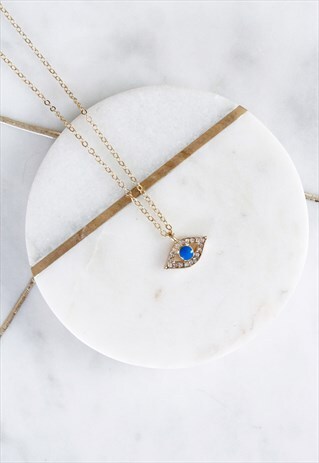 GOLD BLUE EVIL EYE DAINTY CHARM CHAIN PENDANT NECKLACE