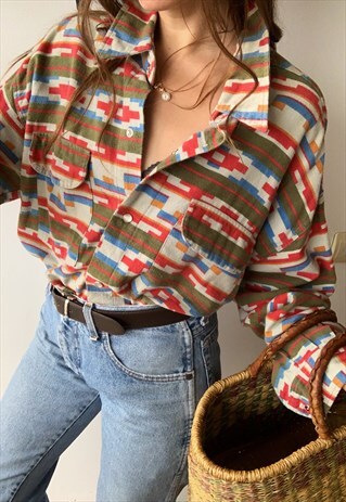 VINTAGE 80S BOHO ETHNIC ABSTRACT FLANNEL WORKWEAR SHIRT TOP
