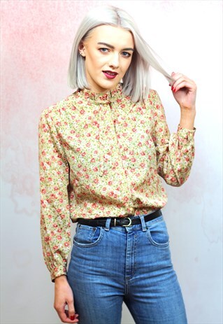 1980S VINTAGE BEIGE AND PINK FLORAL HIGH NECK BLOUSE
