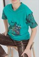 VINTAGE 90S V-NECK T-SHIRT IN GREEN WITH ABSTRACT PRINT