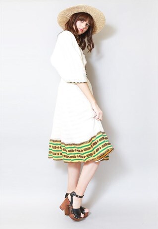 VINTAGE 1970'S CREAM EMBROIDERED FESTIVAL FOLK MIDI DRESS