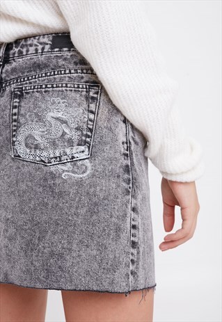 RAW EDGED DENIM SKIRT - ACID WASH BLACK DRAGON EMBROIDERY