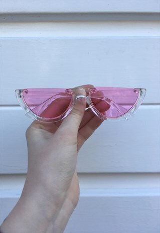 WOMENS VINTAGE STYLE 90S CLEAR PINK HALF CUT SUNGLASSES