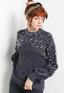 Vintage 90's Faux Pearl Embroidered Jumper Blue