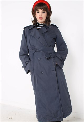 VINTAGE 1980'S TRENCH COAT MAC JACKET DOUBLE BREASTED BLUE
