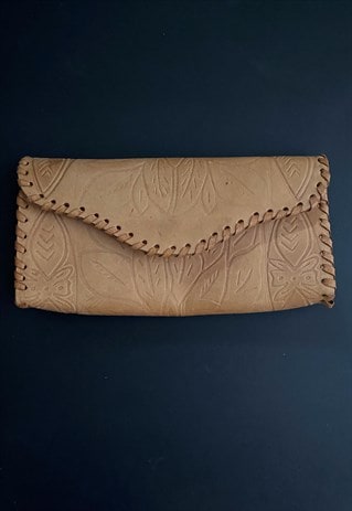 70's Vintage Ladies Tooled leather Clutch Beige Bag Purse