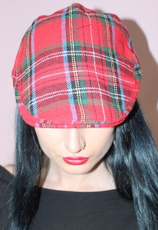 VINTAGE 90S GREAT HORSE RED TARTAN FLAT CAP GRUNGE PUNK