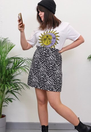 VINTAGE 90S Y2K FLUFFY ZEBRA FAUX FUR HIGH WAISTED SKIRT 14