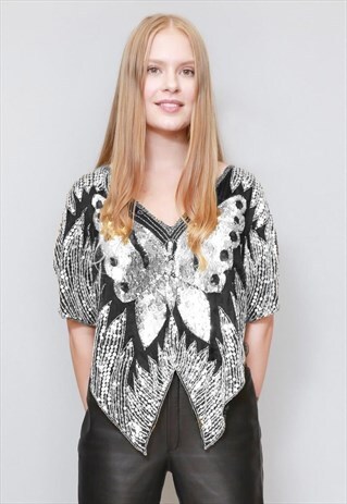 VINTAGE 1970'S BLACK & SILVER SEQUIN BUTTERFLY FESTIVAL TOP