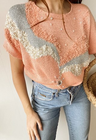 VINTAGE 80S BEJEWELLED ABSTRACT KNITTED BLOUSE TOP PARISIAN
