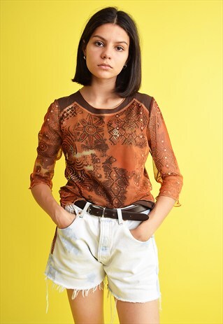 90'S RETRO KITSCH BOHO PRINT SHEER MESH BLOUSE TOP