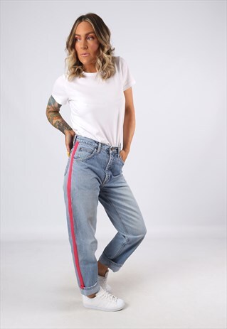HIGH WAISTED SIDE STRIPE REWORKED JEANS TAPERED UK 10 (31S)