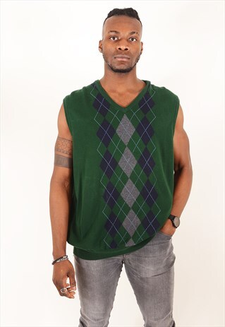 VINTAGE RALPH LAUREN CHAPS ARGYLE SLEEVELESS JUMPER GREEN