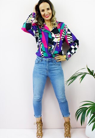 VINTAGE 80'S RETRO GEOMTRIC PRINT COLLARED SHIRT BLOUSE TOP