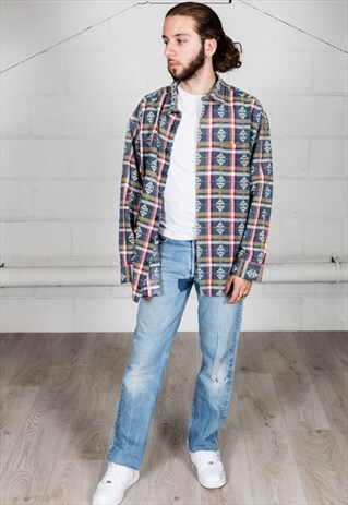 VINTAGE RED BLUE GREEN CHECKED FLANNEL SHIRT