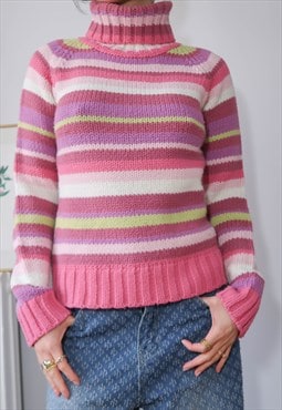 vintage y2k pink multicolor striped turtleneck jumper