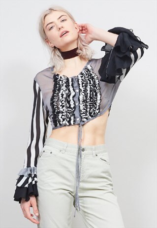 VINTAGE 80'S STRIPED CROPPED RUFFLE BLOUSE