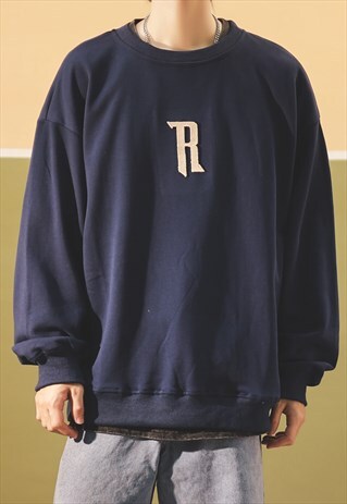 Navy embroidered Oversized Sweatshirts Unisex Y2k