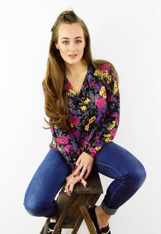 VINTAGE 90S BLACK BOHO FLORAL BUTTON DOWN BLOUSE