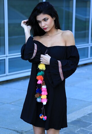 OFF-THE-SHOUKDER POMPOM BOHO DRESS